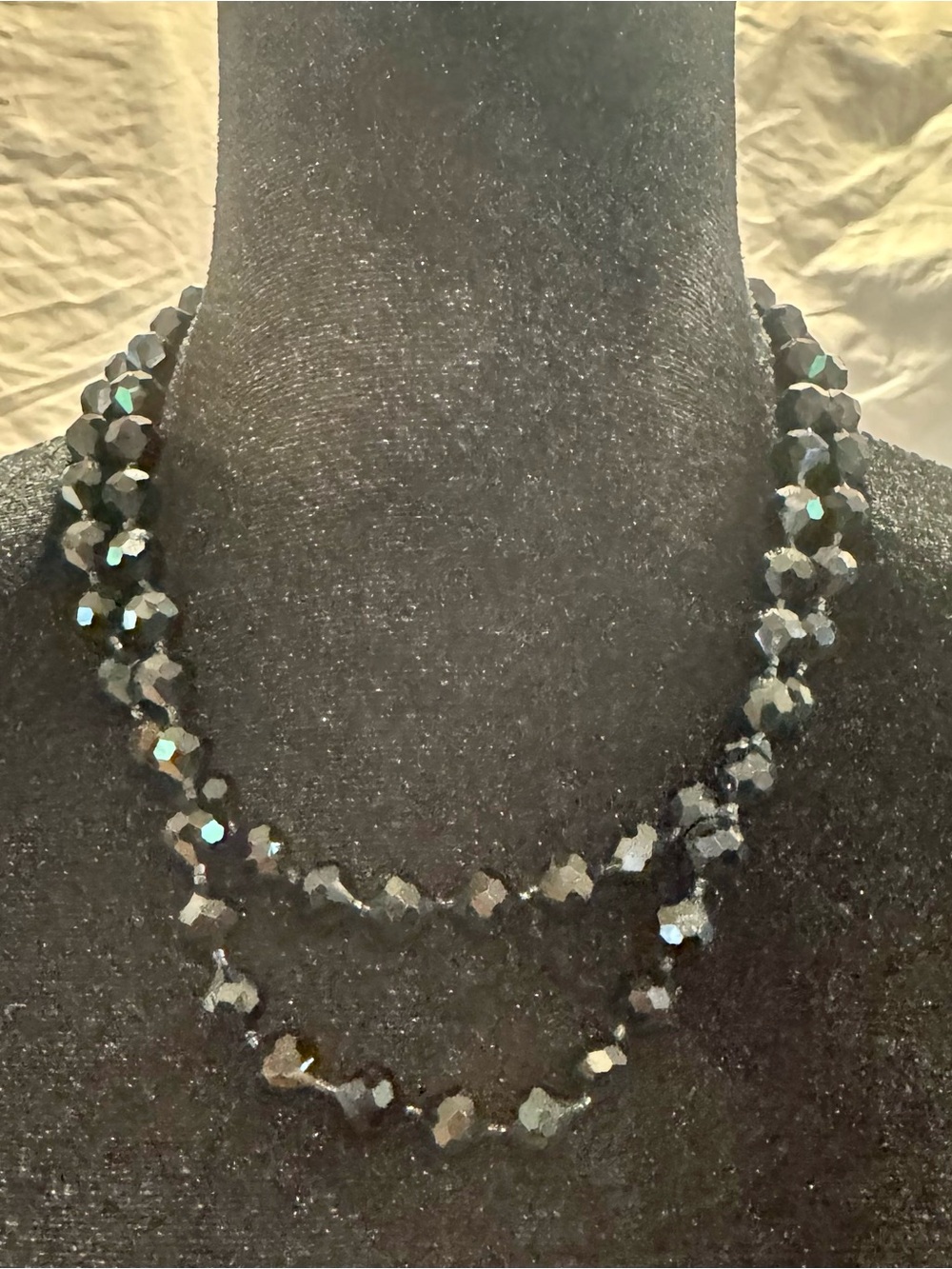 Vintage Art Deco Faceted Iridescent Black Glass Bead Double Strand Necklace